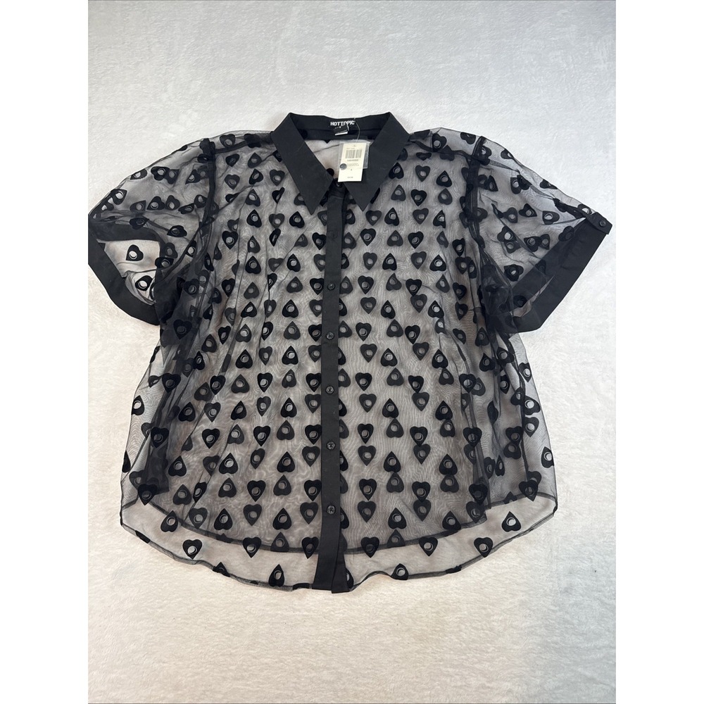Hot Topic Blouse Womens 4 Black Sheer Burnout Velvet Heart Goth Grunge Witchy